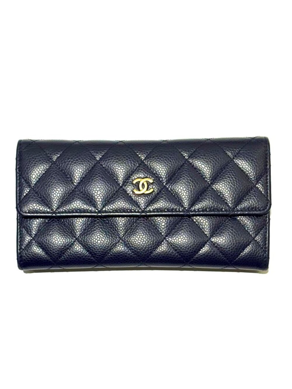 Chanel Quilted Long Flap Wallet Navy Caviar Bifold